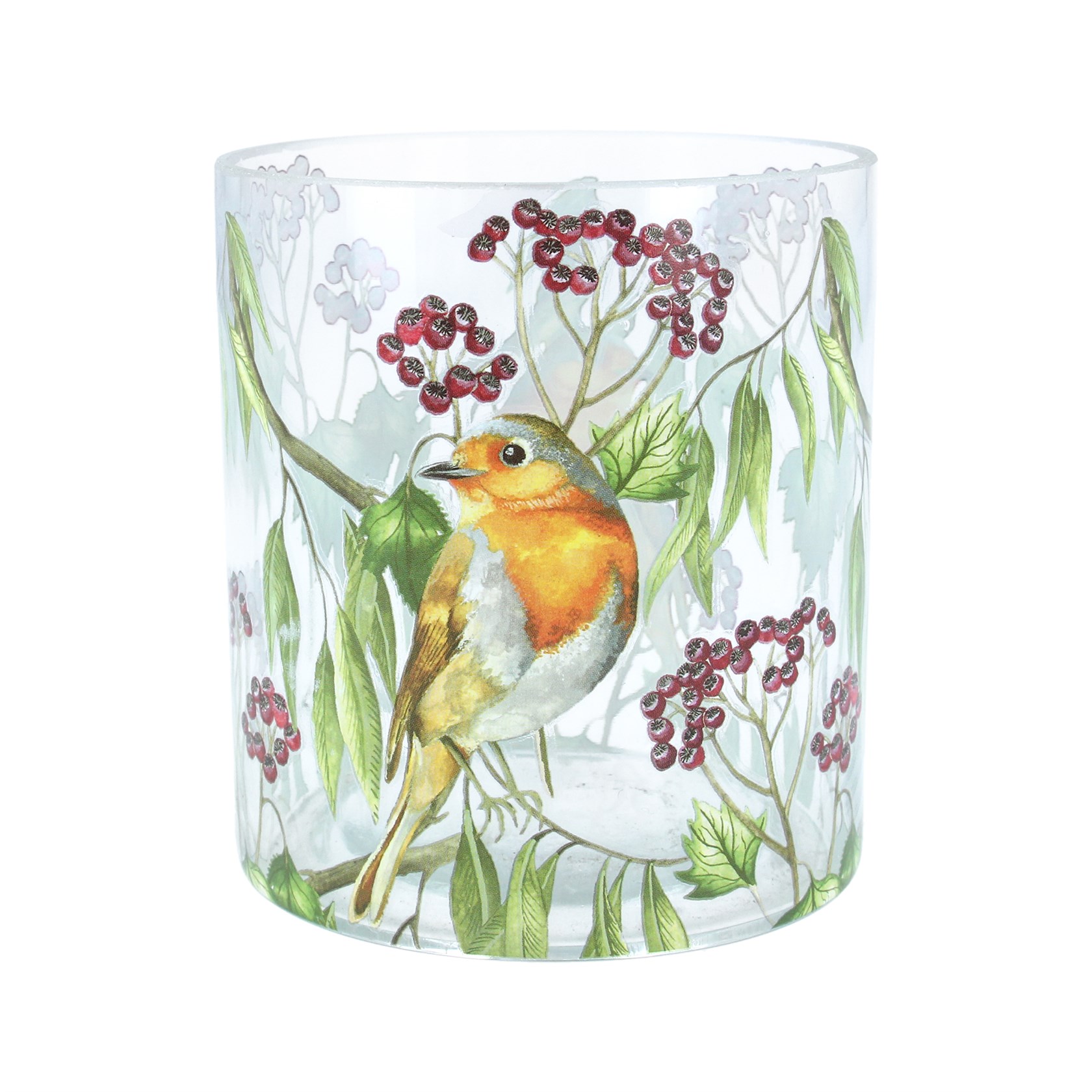 Robin and red berries glass Christmas tea light holder. By Gisela Graham. The perfect festive addition to your home.